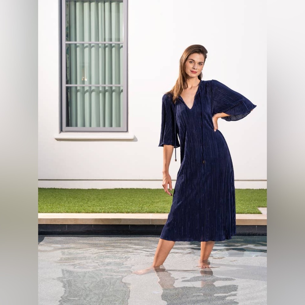 Linger NYC Pleated Midi Dress‎ Blue Shimmer Flutter Sleeve Size XS
